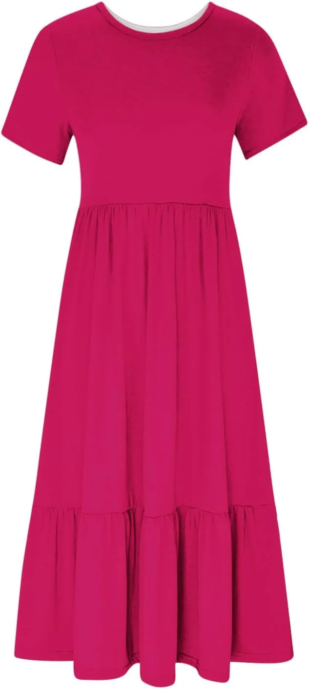 Women's Casual Summer Dresses Puff Sleeve Elegant Wrap Smocked Waist Sundresses Cozy Tiered A-Line Tea Dress for Ladies