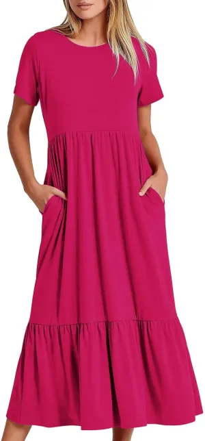Women's Casual Summer Dresses Puff Sleeve Elegant Wrap Smocked Waist Sundresses Cozy Tiered A-Line Tea Dress for Ladies
