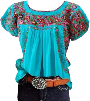 Women's Floral Embroidered Tops Summer Short Sleeve Pleated Peasant Blouses Casual Loose Crew Neck Mexican Shirts