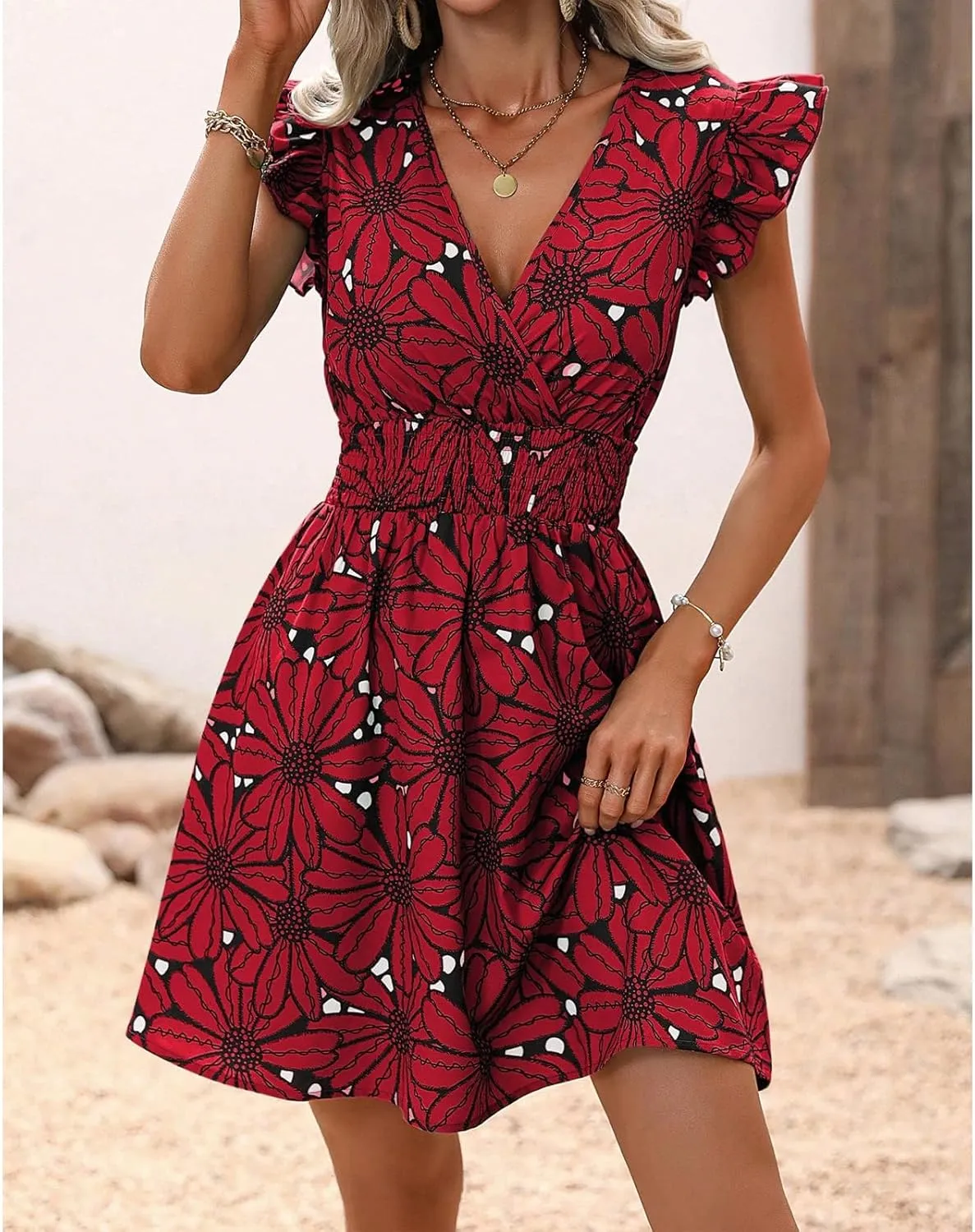 Womens Floral Printed V Neck A Line Dresses Belted Tie Waist Midi Dress Flowy Cap Sleeve Beach Summer Dress