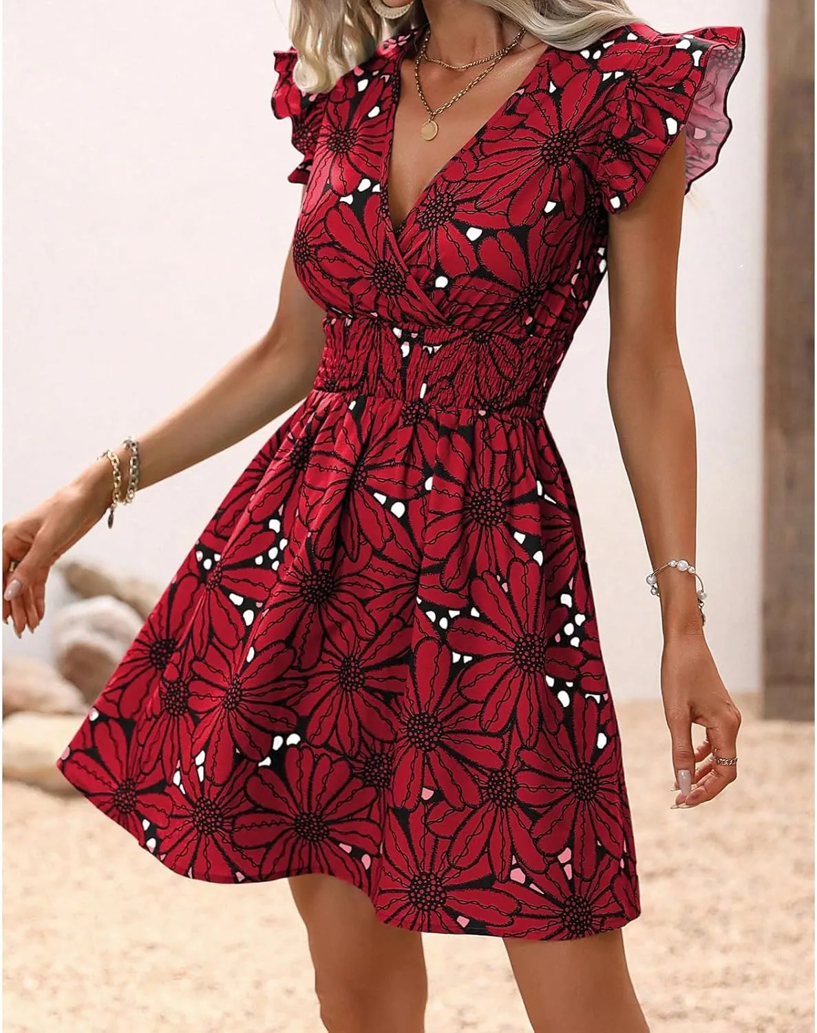 Womens Floral Printed V Neck A Line Dresses Belted Tie Waist Midi Dress Flowy Cap Sleeve Beach Summer Dress