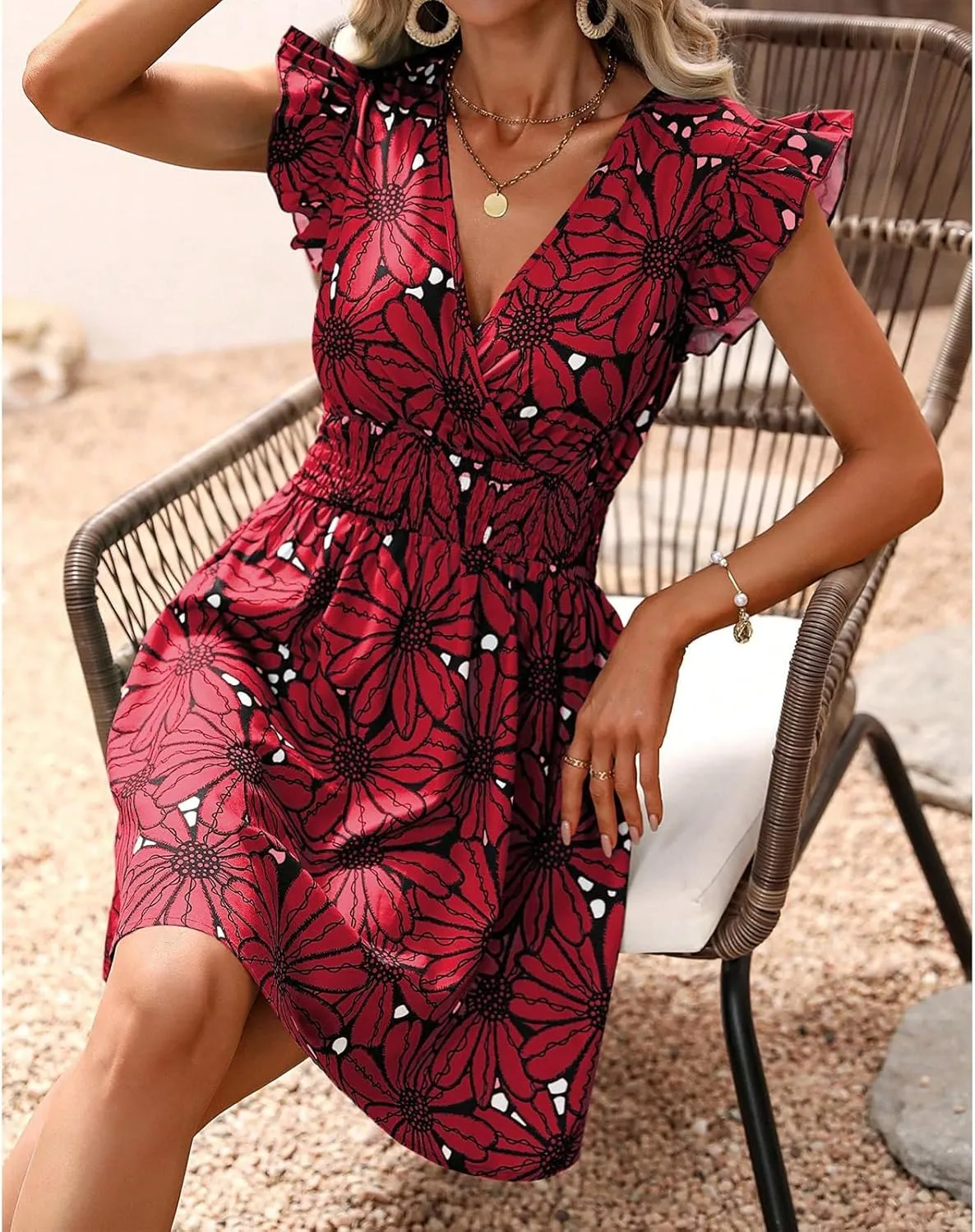 Womens Floral Printed V Neck A Line Dresses Belted Tie Waist Midi Dress Flowy Cap Sleeve Beach Summer Dress
