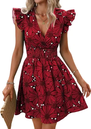 Womens Floral Printed V Neck A Line Dresses Belted Tie Waist Midi Dress Flowy Cap Sleeve Beach Summer Dress