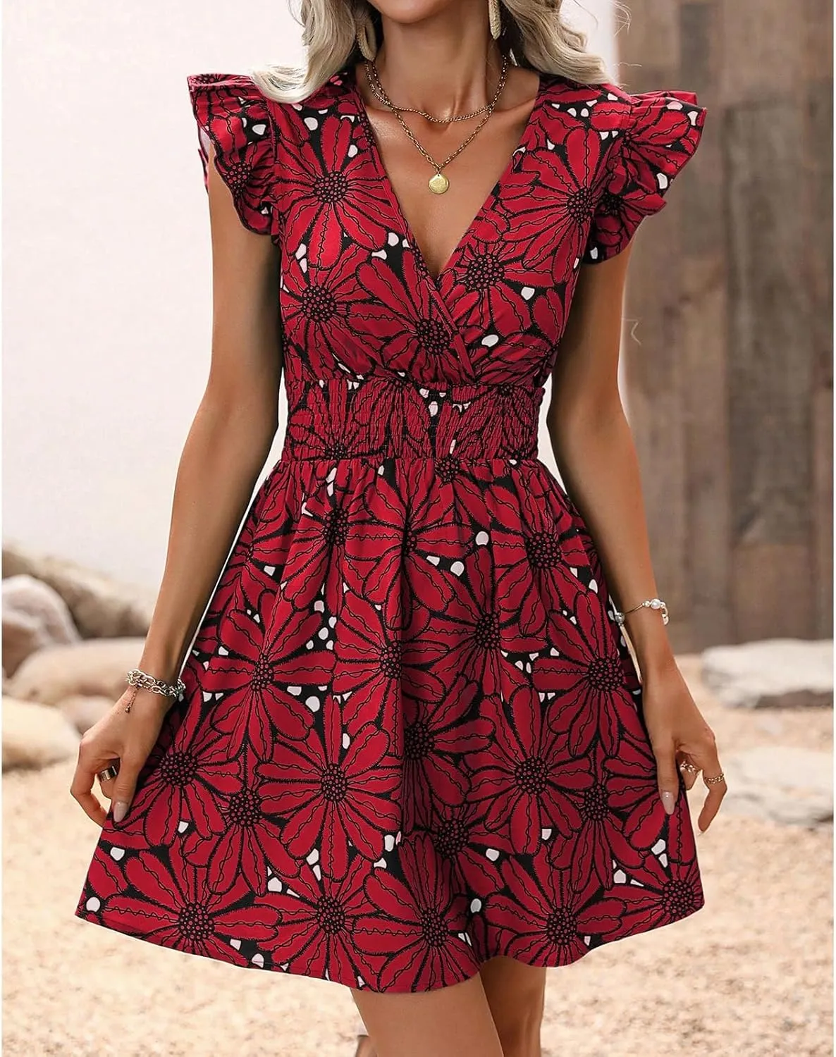 Womens Floral Printed V Neck A Line Dresses Belted Tie Waist Midi Dress Flowy Cap Sleeve Beach Summer Dress