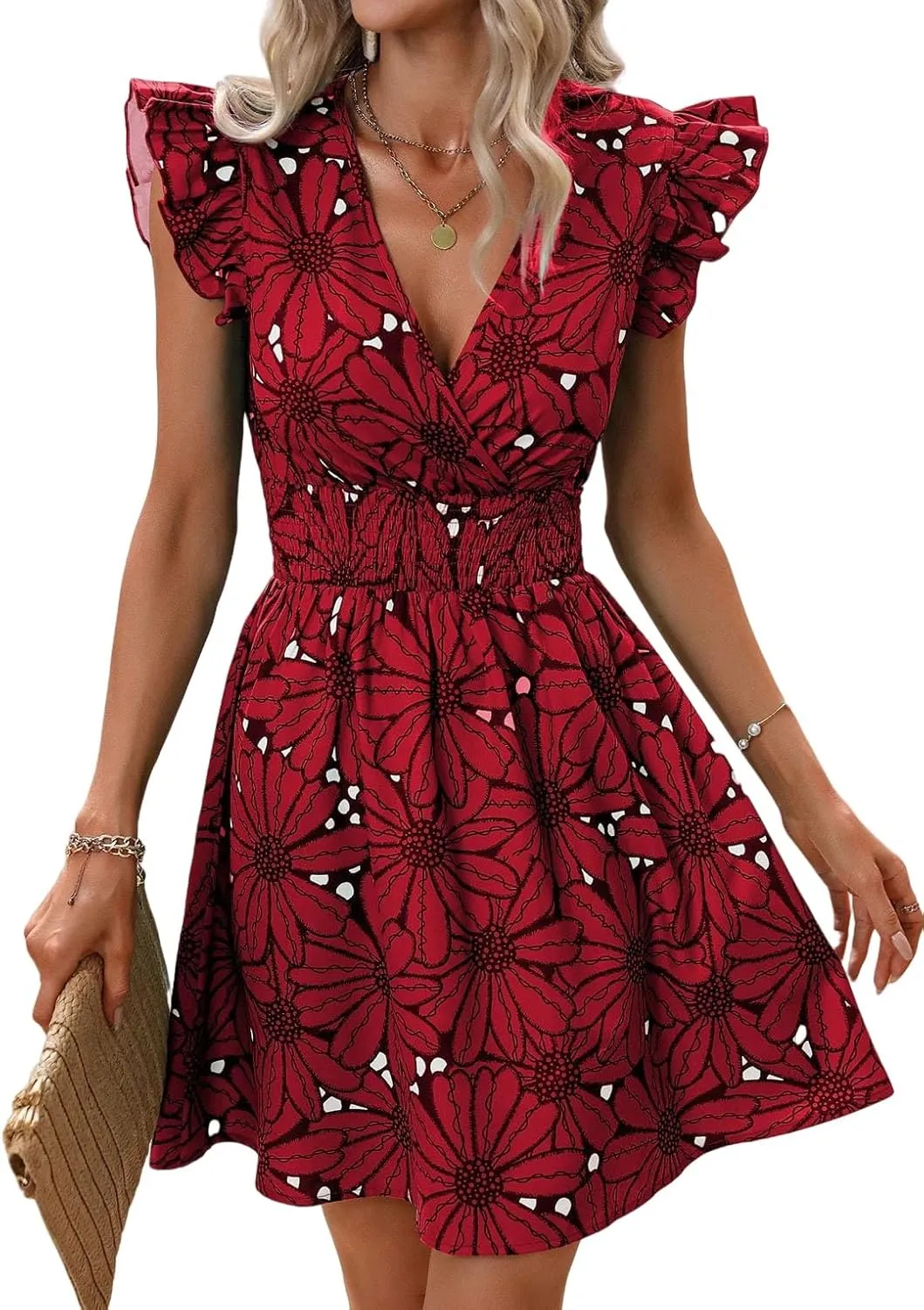 Womens Floral Printed V Neck A Line Dresses Belted Tie Waist Midi Dress Flowy Cap Sleeve Beach Summer Dress
