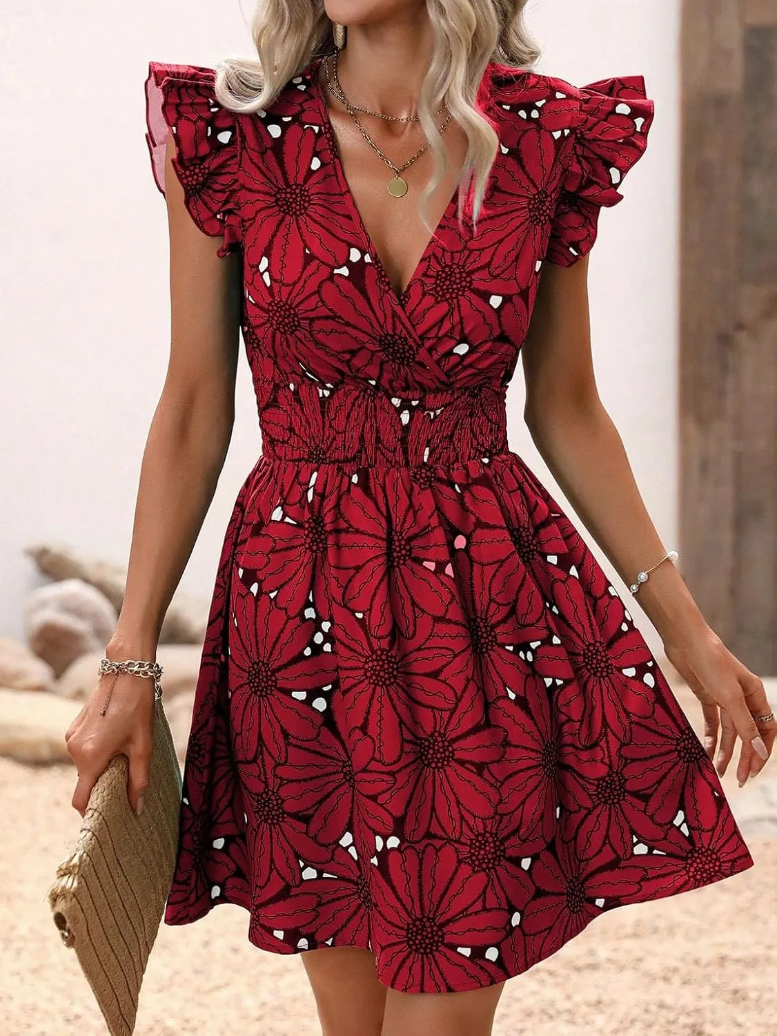 Womens Floral Printed V Neck A Line Dresses Belted Tie Waist Midi Dress Flowy Cap Sleeve Beach Summer Dress