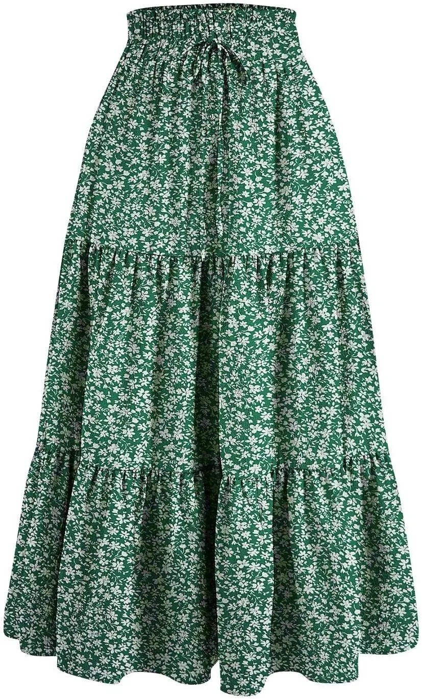 Womens Maxi Skirt Boho High Waisted Tiered Ruffle Floral Skirt Trendy Summer Flowy A Line Beach Skirt Cruise Outfits