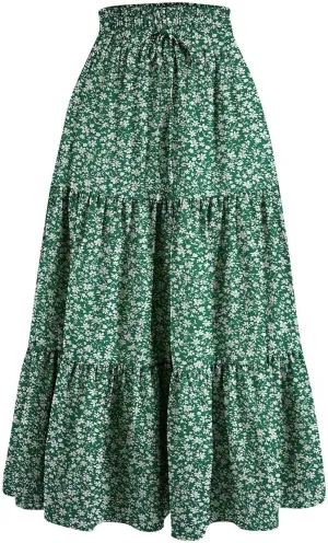 Womens Maxi Skirt Boho High Waisted Tiered Ruffle Floral Skirt Trendy Summer Flowy A Line Beach Skirt Cruise Outfits