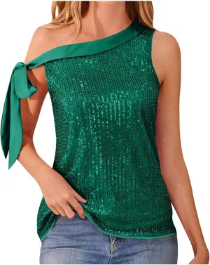 Women's Off Shoulder Sequin Sparkly Tops Formal Short Sleeve Asymmetrical Neck Glitter Blouse Sparkle Party Shirts