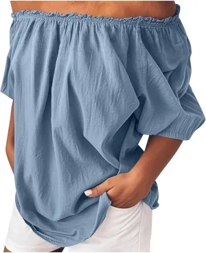 Womens Off Shoulder Tops Linen Cotton Tunic Tops Long Sleeves Ruffle Balloon Sleeve Shirts Summer Casual Blouses