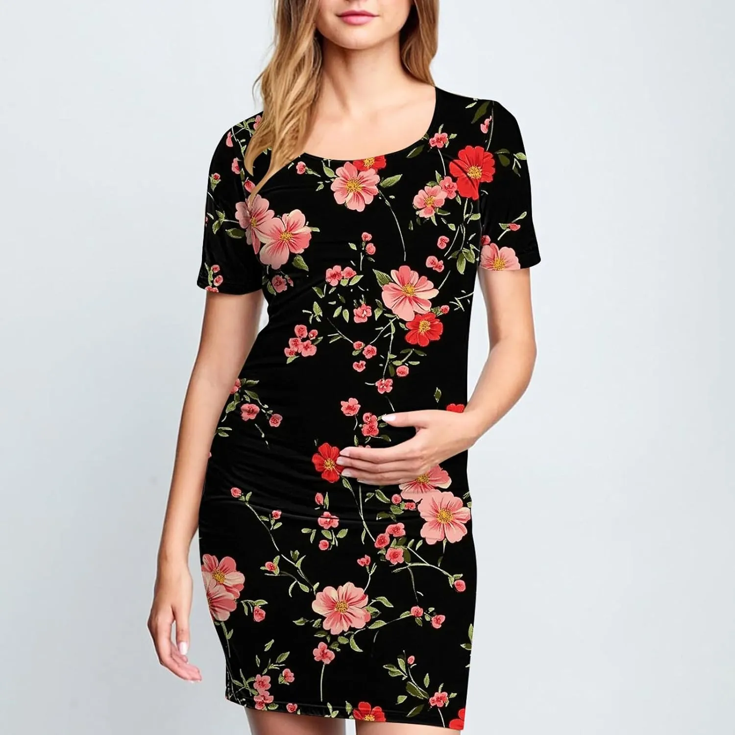 Women's Short Sleeve Maternity Dress Cute Floral Print Summer Casual T-Shirt Dresses Comfy Pregnancy Clothes