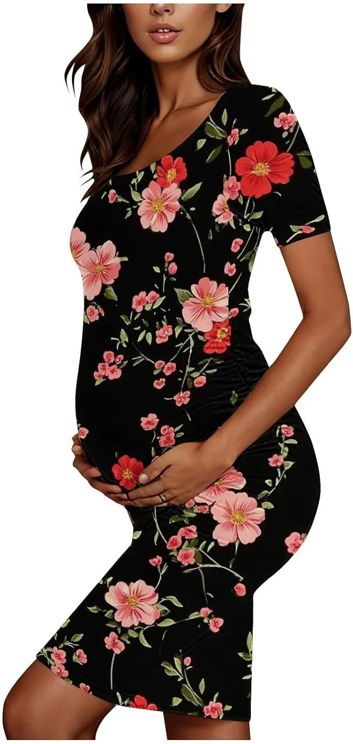 Women's Short Sleeve Maternity Dress Cute Floral Print Summer Casual T-Shirt Dresses Comfy Pregnancy Clothes