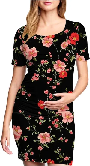 Women's Short Sleeve Maternity Dress Cute Floral Print Summer Casual T-Shirt Dresses Comfy Pregnancy Clothes