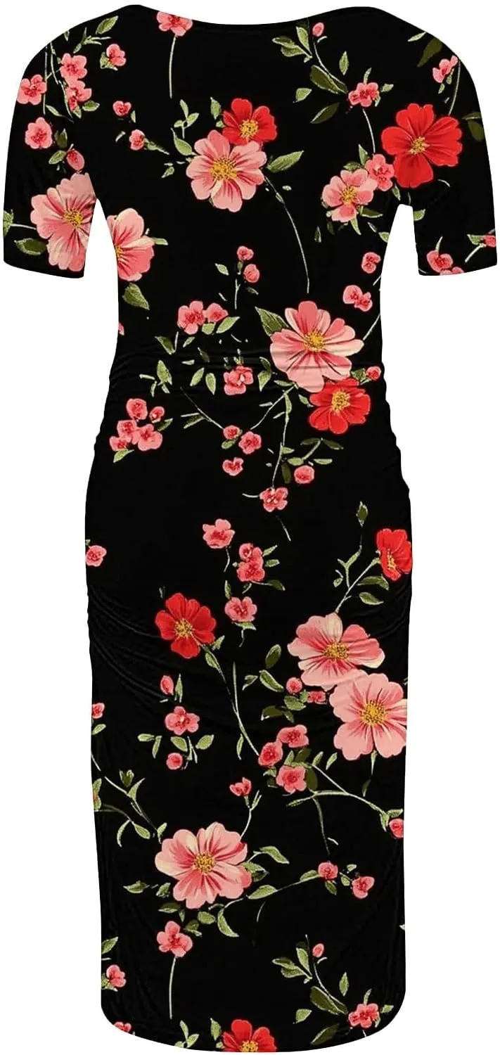 Women's Short Sleeve Maternity Dress Cute Floral Print Summer Casual T-Shirt Dresses Comfy Pregnancy Clothes