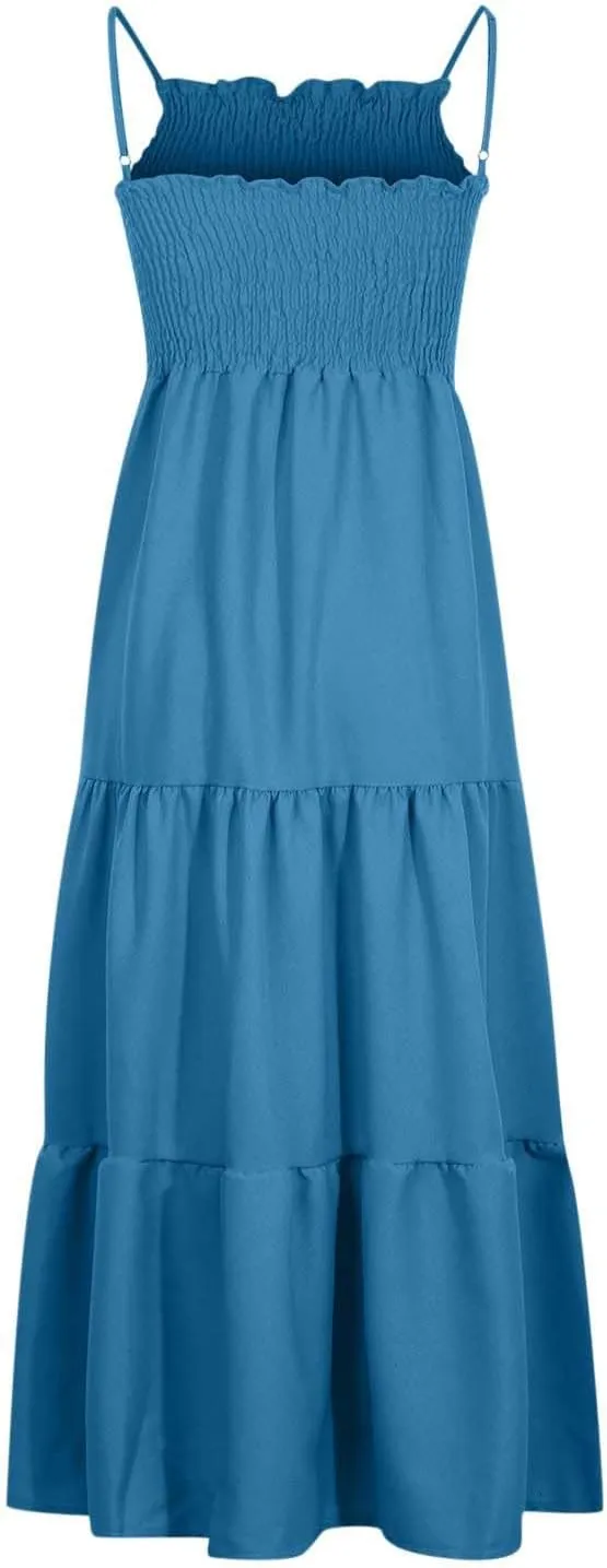 Women's Spaghetti Straps Maxi Dresses Smocked Sleeveless Summer Dress Ruffle Tiered Swing Flowy Boho Long Sundress