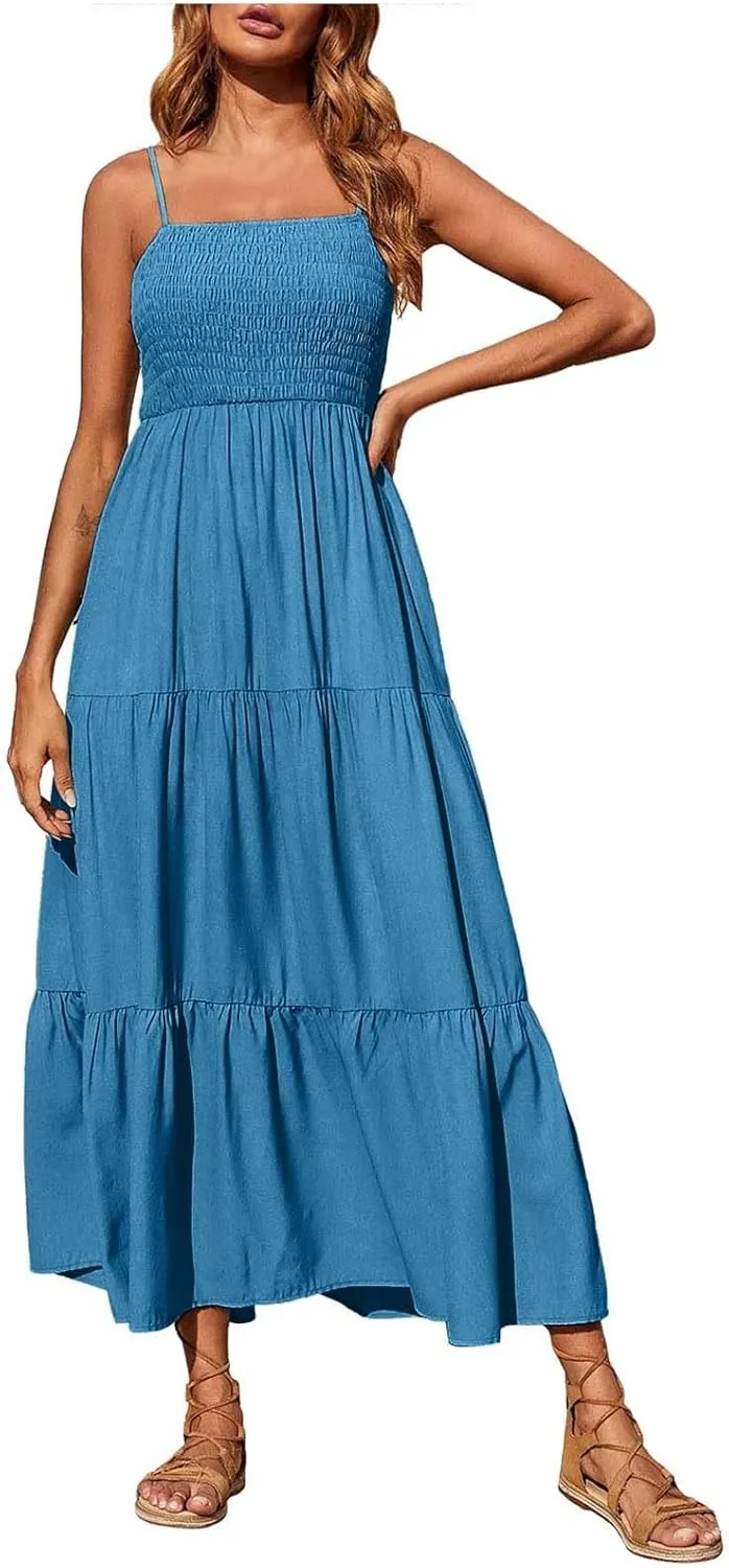 Women's Spaghetti Straps Maxi Dresses Smocked Sleeveless Summer Dress Ruffle Tiered Swing Flowy Boho Long Sundress