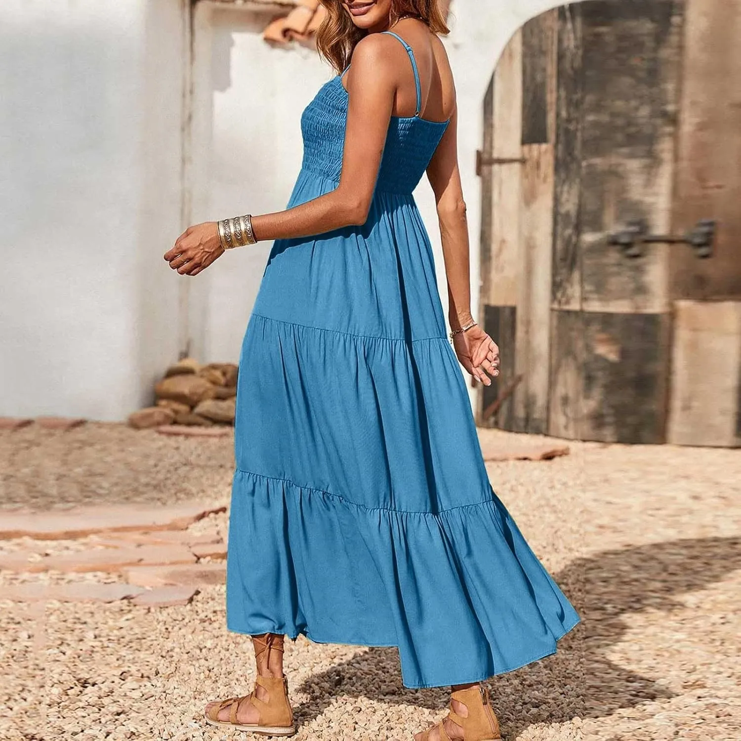 Women's Spaghetti Straps Maxi Dresses Smocked Sleeveless Summer Dress Ruffle Tiered Swing Flowy Boho Long Sundress