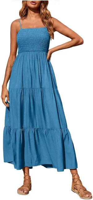 Women's Spaghetti Straps Maxi Dresses Smocked Sleeveless Summer Dress Ruffle Tiered Swing Flowy Boho Long Sundress