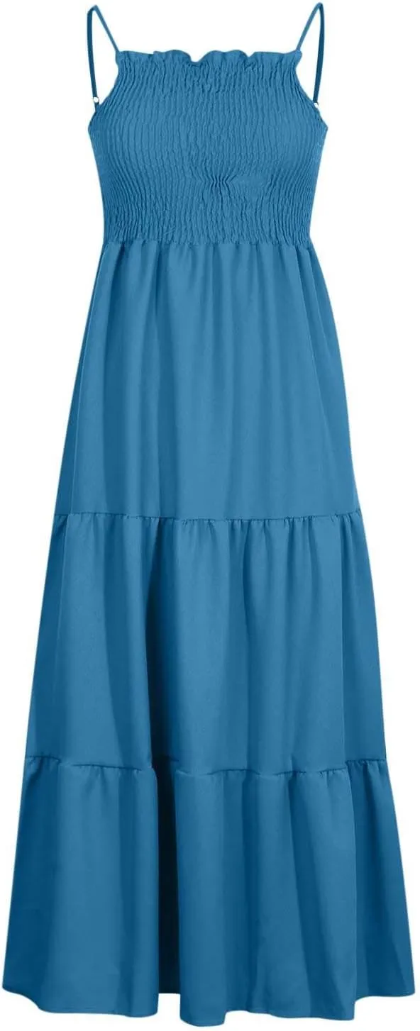 Women's Spaghetti Straps Maxi Dresses Smocked Sleeveless Summer Dress Ruffle Tiered Swing Flowy Boho Long Sundress