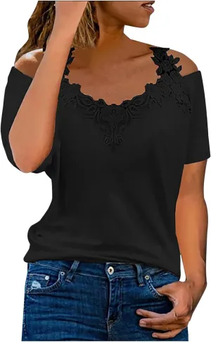 Womens Summer Cold Shoulder Tops Short Sleeve Lace Strappy Shirts Sexy V Neck Off Shoulder Blouse Concert Outfits