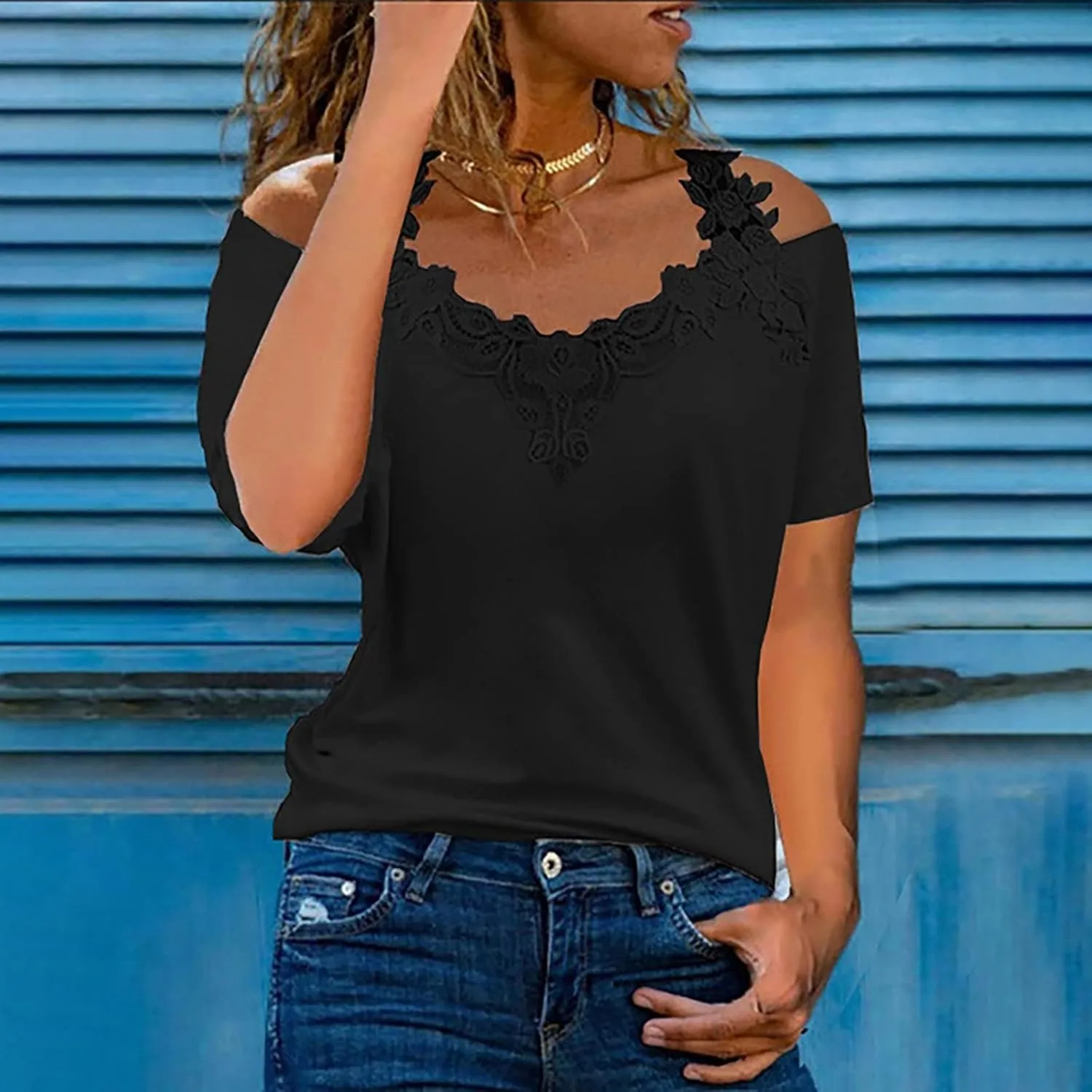 Womens Summer Cold Shoulder Tops Short Sleeve Lace Strappy Shirts Sexy V Neck Off Shoulder Blouse Concert Outfits
