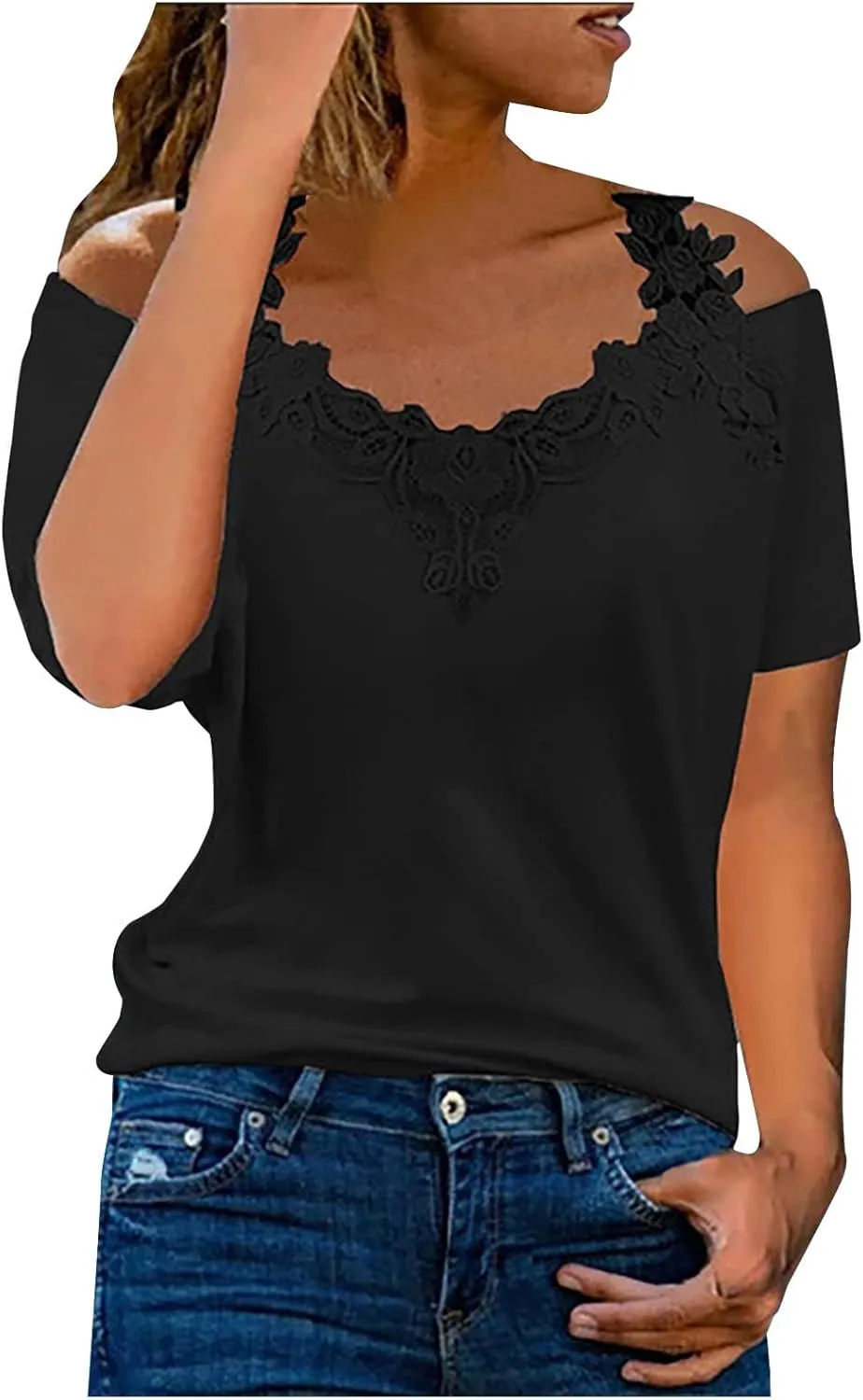 Womens Summer Cold Shoulder Tops Short Sleeve Lace Strappy Shirts Sexy V Neck Off Shoulder Blouse Concert Outfits