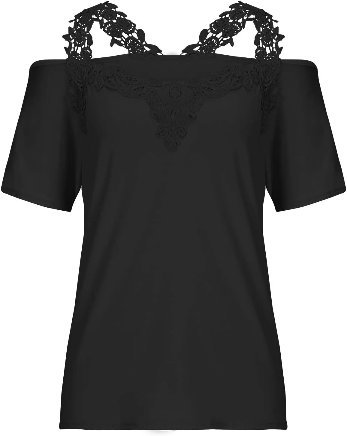 Womens Summer Cold Shoulder Tops Short Sleeve Lace Strappy Shirts Sexy V Neck Off Shoulder Blouse Concert Outfits