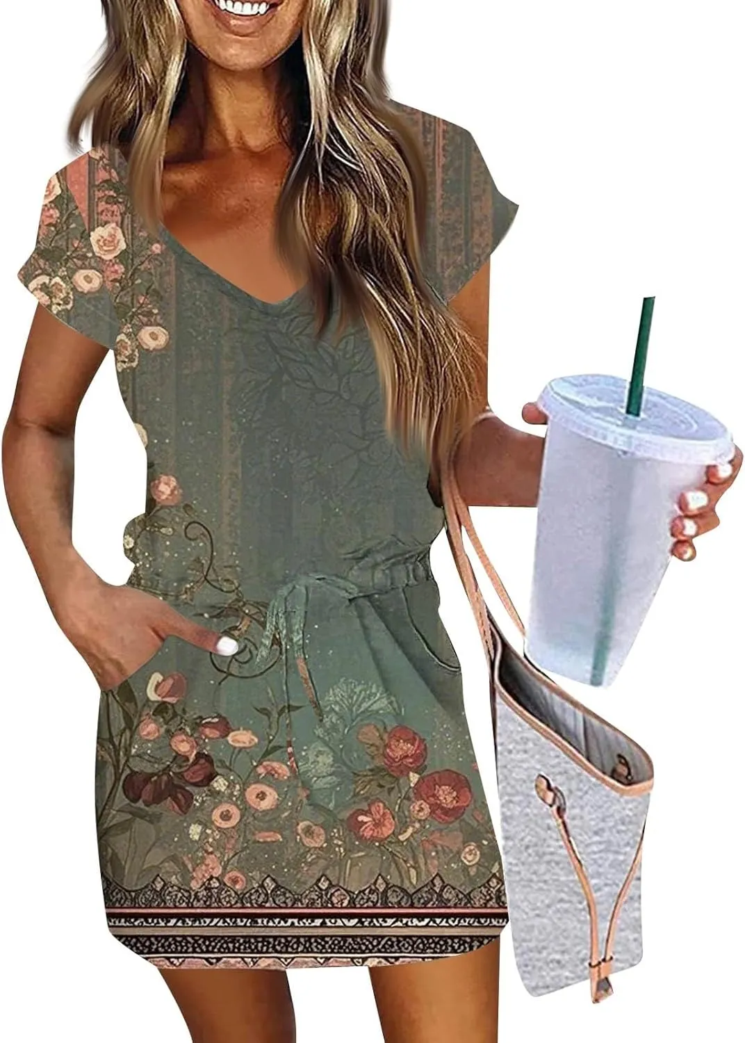 Womens Summer Dress Short Sleeve V Neck Sundresses for Women 2025 Casual Drawstring A-Line Mini Dresses with Pockets