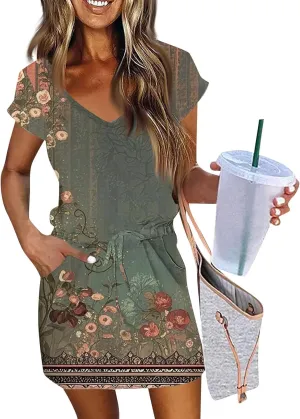 Womens Summer Dress Short Sleeve V Neck Sundresses for Women 2025 Casual Drawstring A-Line Mini Dresses with Pockets