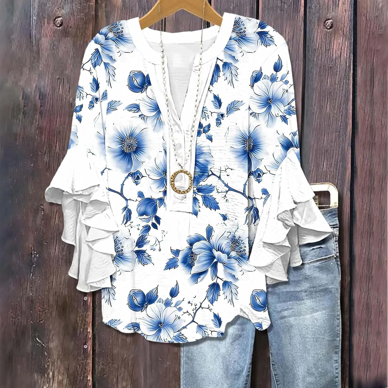 Womens Summer Floral Blouse Dressy Casual Ruffle 3/4 Sleeve Tops Trendy Button V Neck Boho Shirts Business Work Tunic