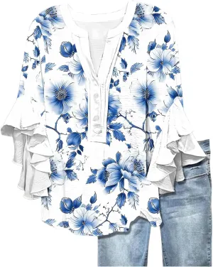 Womens Summer Floral Blouse Dressy Casual Ruffle 3/4 Sleeve Tops Trendy Button V Neck Boho Shirts Business Work Tunic