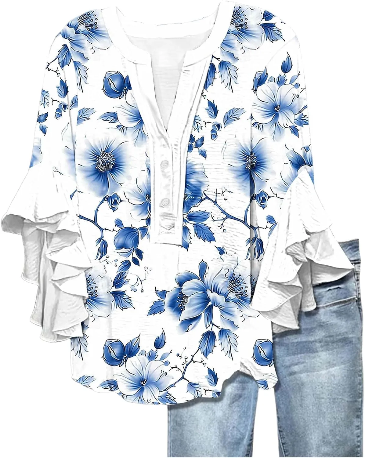 Womens Summer Floral Blouse Dressy Casual Ruffle 3/4 Sleeve Tops Trendy Button V Neck Boho Shirts Business Work Tunic