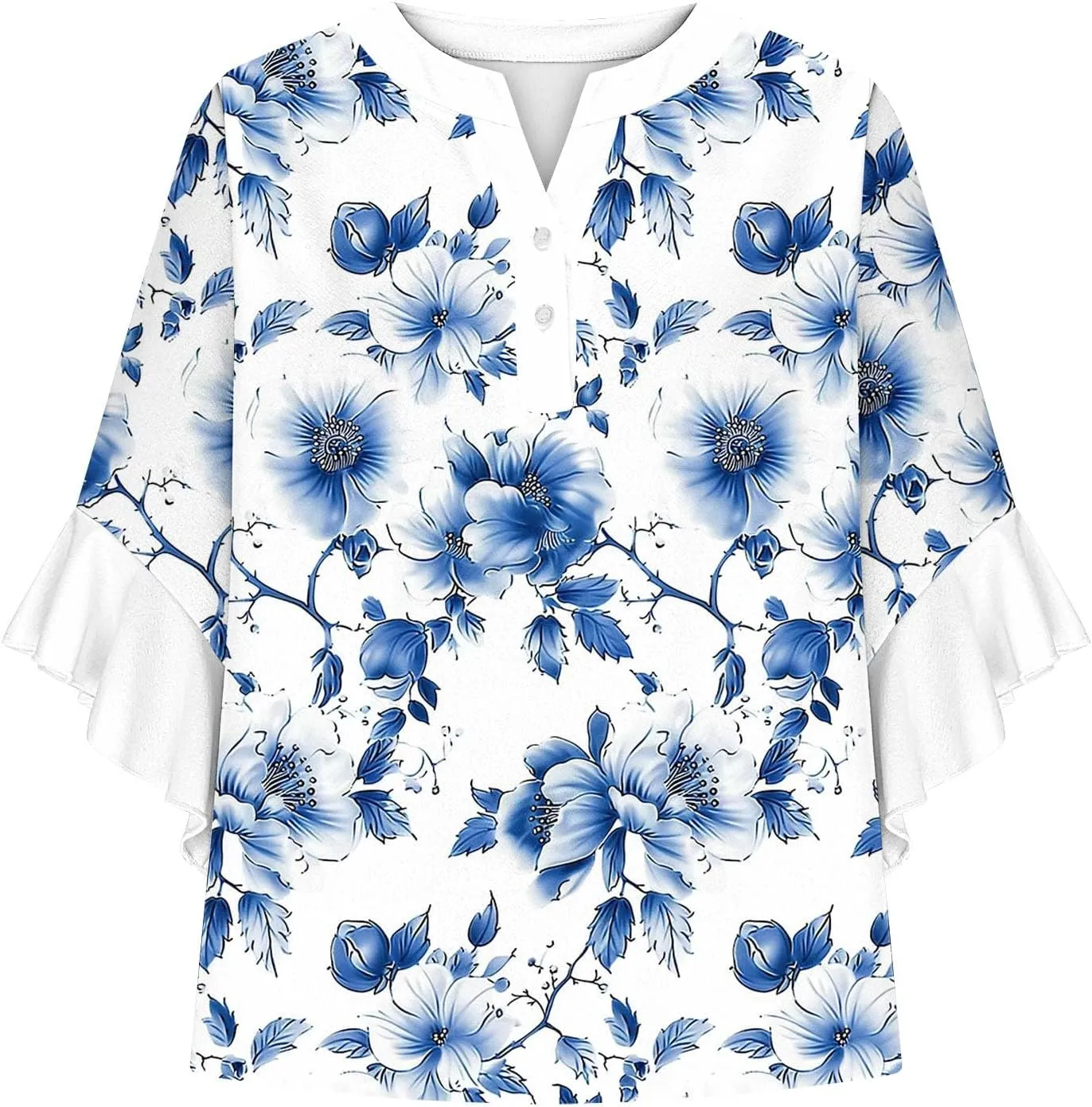 Womens Summer Floral Blouse Dressy Casual Ruffle 3/4 Sleeve Tops Trendy Button V Neck Boho Shirts Business Work Tunic