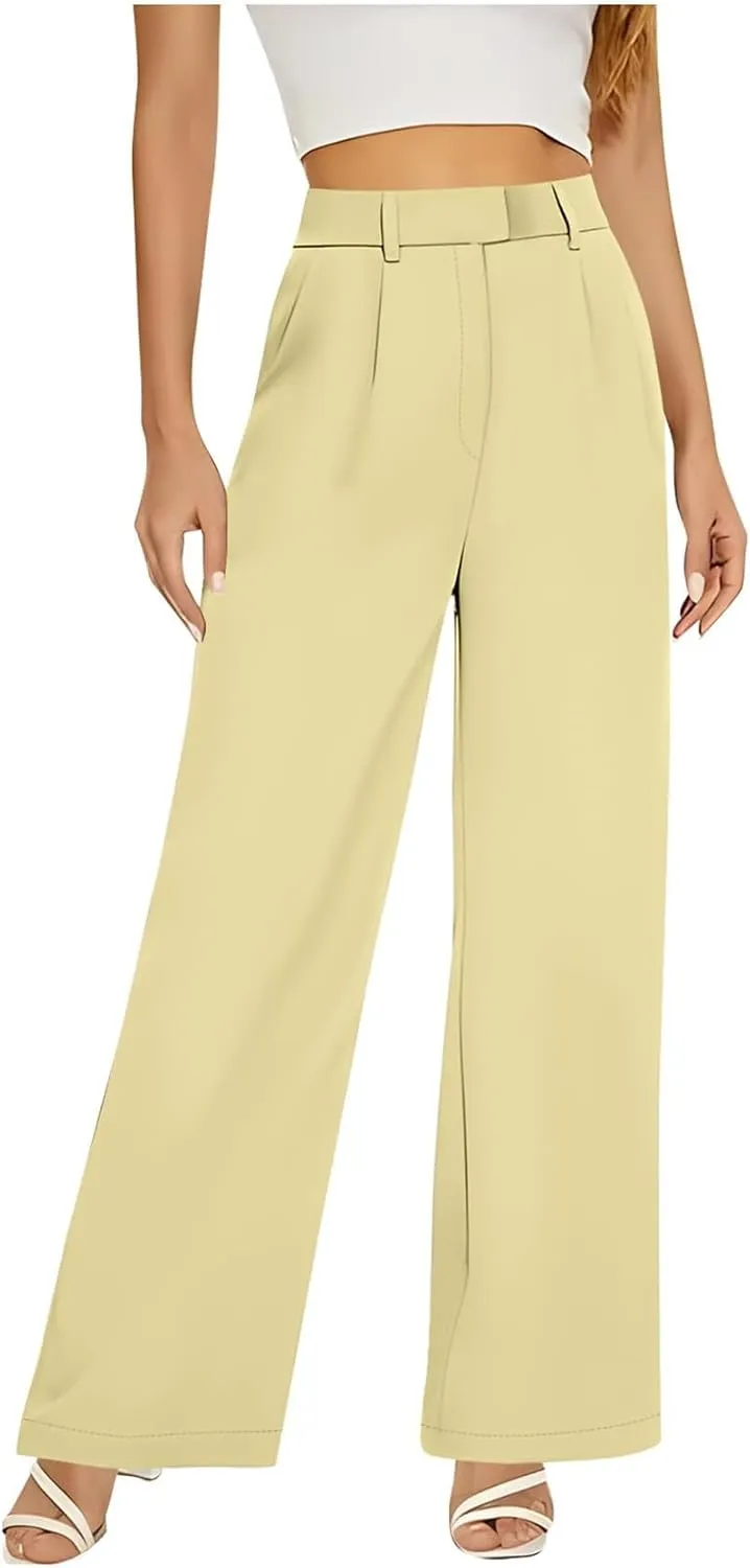 Women's Wide Leg Dress Pants 2025 Summer High Waisted Elastic Back Business Office Work Casual Palazzo Trousers with Pockets