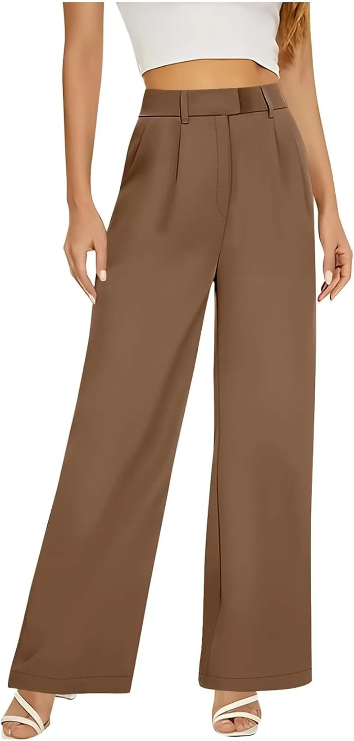 Women's Wide Leg Dress Pants 2025 Summer High Waisted Elastic Back Business Office Work Casual Palazzo Trousers with Pockets