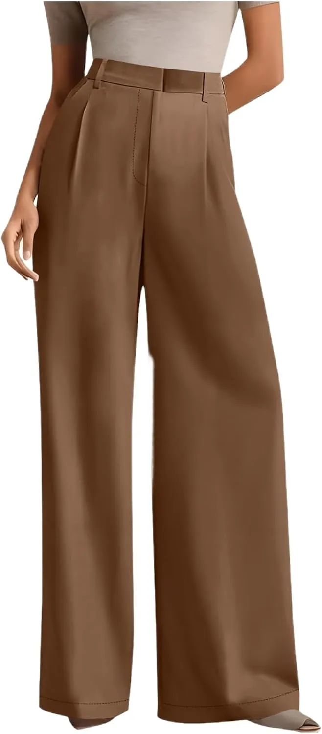 Women's Wide Leg Dress Pants 2025 Summer High Waisted Elastic Back Business Office Work Casual Palazzo Trousers with Pockets