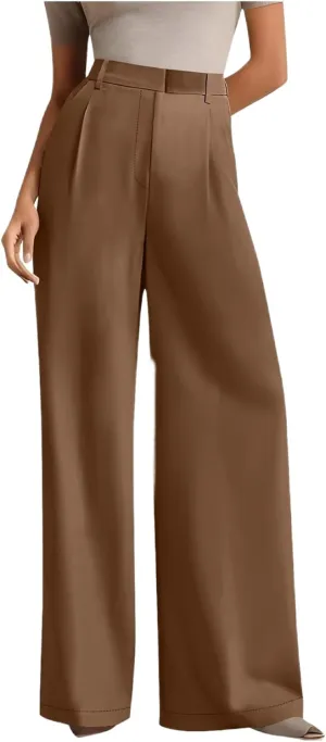 Women's Wide Leg Dress Pants 2025 Summer High Waisted Elastic Back Business Office Work Casual Palazzo Trousers with Pockets