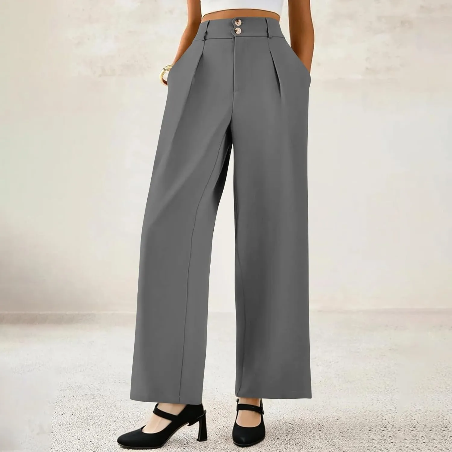 Womens Wide Leg Dress Pants Stretchy Palazzo Pants Business High Elastic Waisted Button Long Trousers