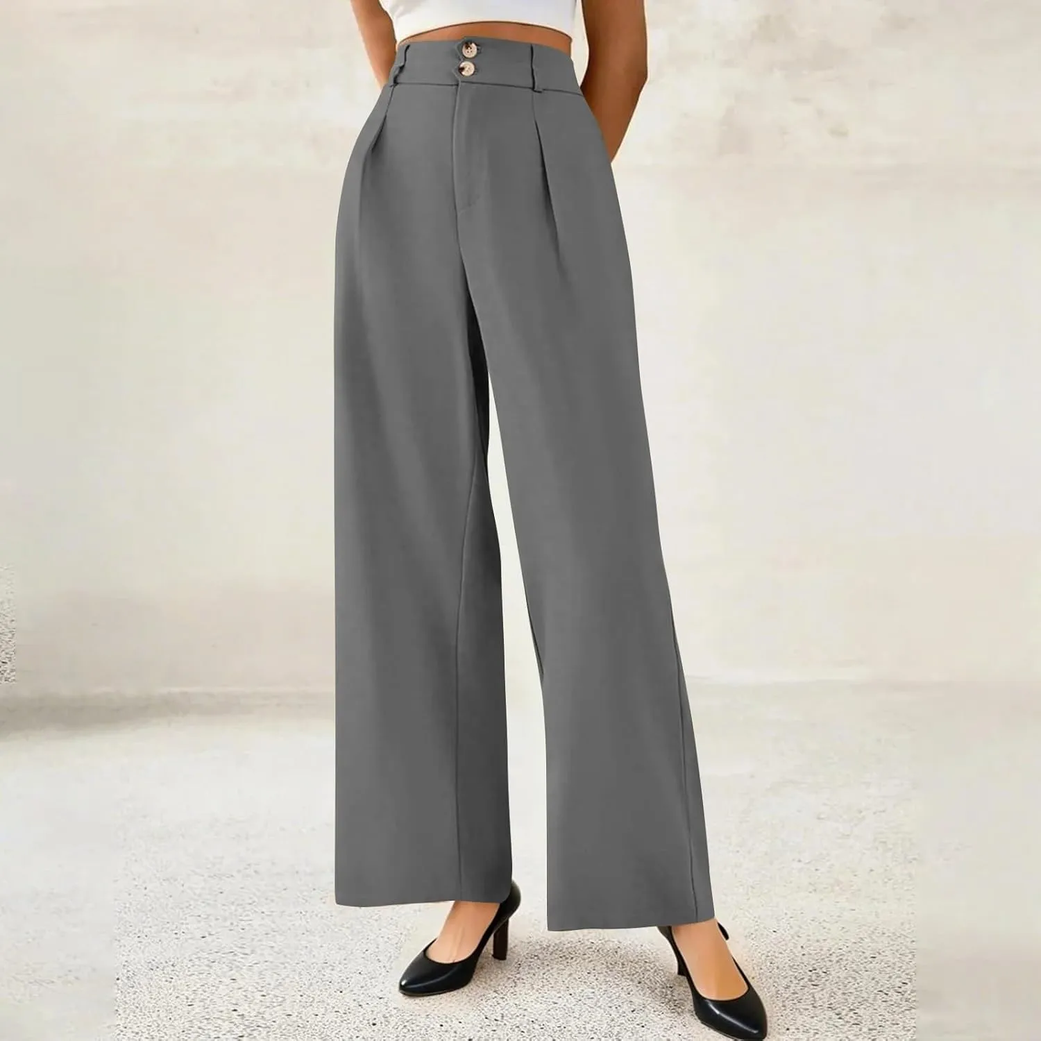 Womens Wide Leg Dress Pants Stretchy Palazzo Pants Business High Elastic Waisted Button Long Trousers