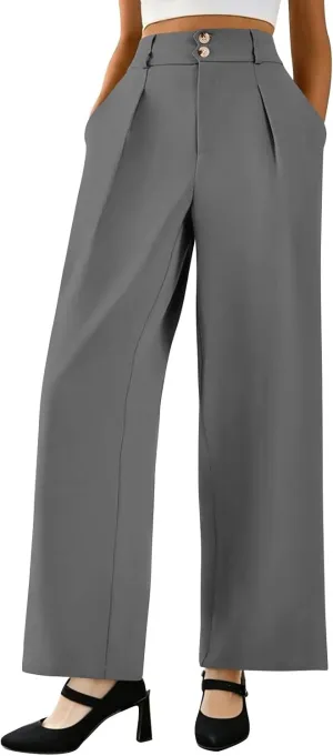 Womens Wide Leg Dress Pants Stretchy Palazzo Pants Business High Elastic Waisted Button Long Trousers