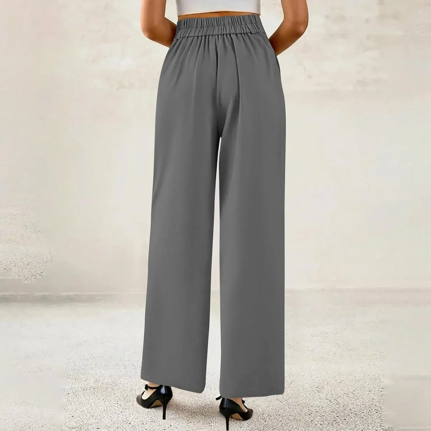 Womens Wide Leg Dress Pants Stretchy Palazzo Pants Business High Elastic Waisted Button Long Trousers