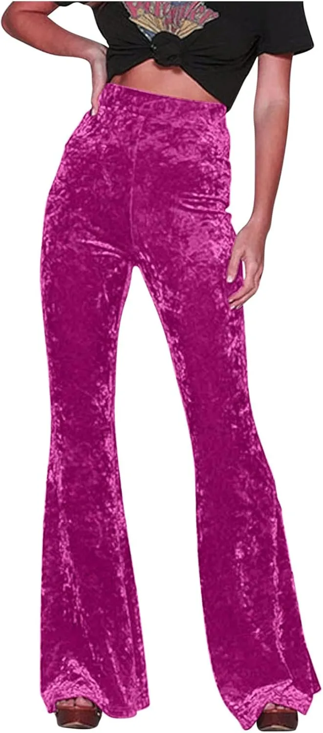 Xiaojmake Women's Elegant Velvet Flare Leg Palazzo Long Pants Elastic Waist Silky Stretchy Slim Bodycon Bell Bottom Trousers
