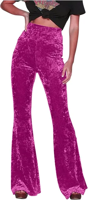 Xiaojmake Women's Elegant Velvet Flare Leg Palazzo Long Pants Elastic Waist Silky Stretchy Slim Bodycon Bell Bottom Trousers