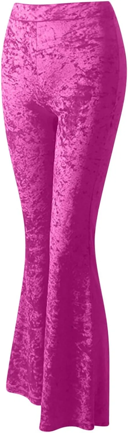 Xiaojmake Women's Elegant Velvet Flare Leg Palazzo Long Pants Elastic Waist Silky Stretchy Slim Bodycon Bell Bottom Trousers