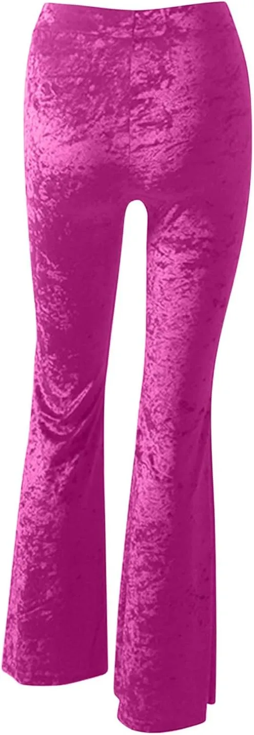 Xiaojmake Women's Elegant Velvet Flare Leg Palazzo Long Pants Elastic Waist Silky Stretchy Slim Bodycon Bell Bottom Trousers